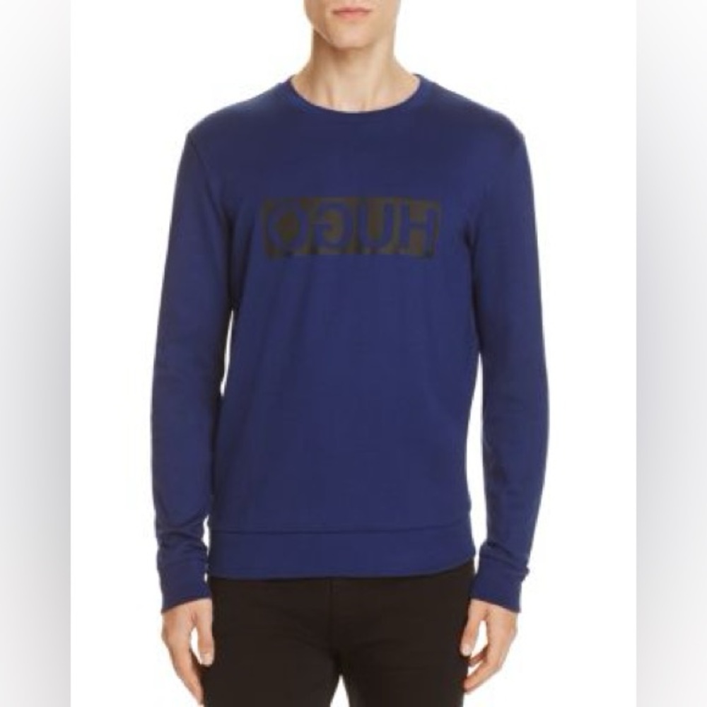 HUGO Dicago Sweat Crewneck Reverse Logo Navy Blue Long Sleeve Sz M
